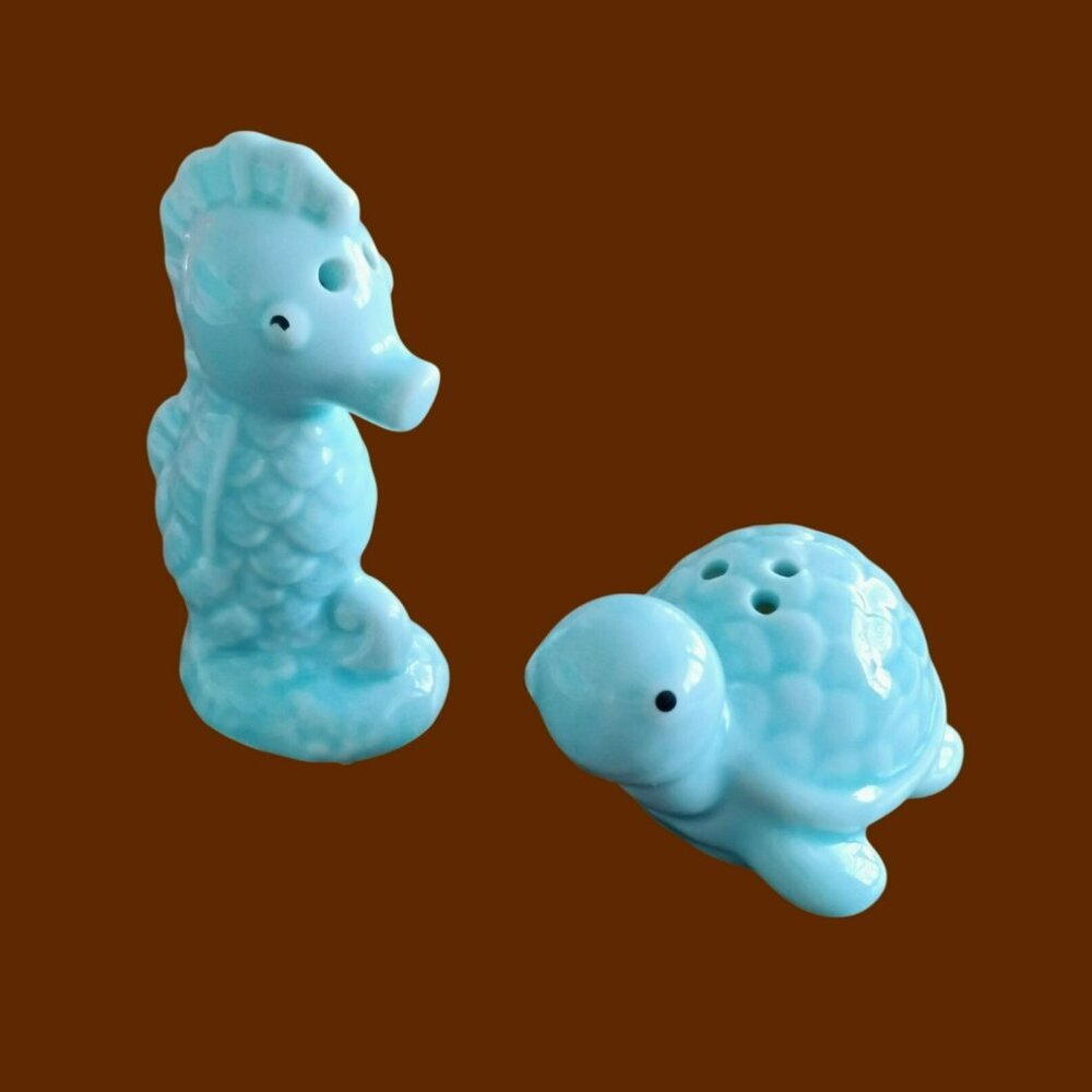 Ceramic Seahorse Turtle Salt & Pepper Shaker Set, Aqua Blue Coastal Beach Decor